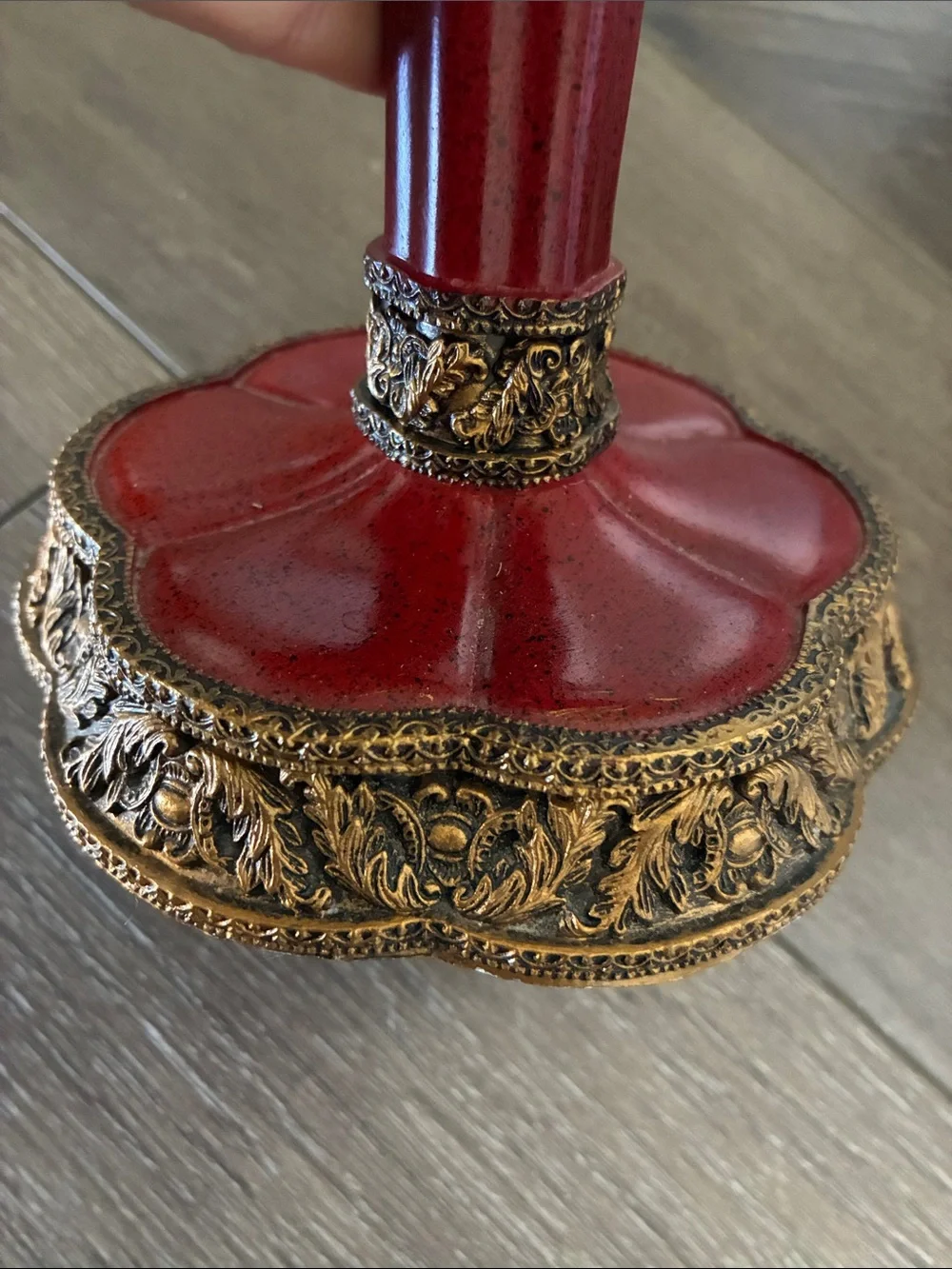 Ornate Vintage Red & Gold-tone Pedestal Tabletop Mirror